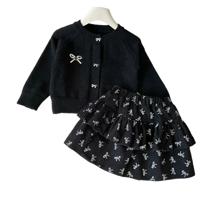Girls' Suit Fashion Small Fragrance Bow Sweater + Floral Skirt Two-piece Set