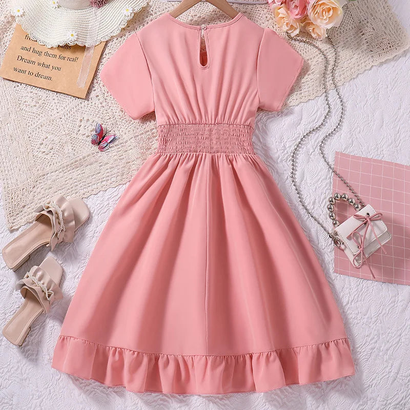 Sommer Kinder Mode Rosa Kurzarm Hohe Taille A-linie Prinzessin Kleid