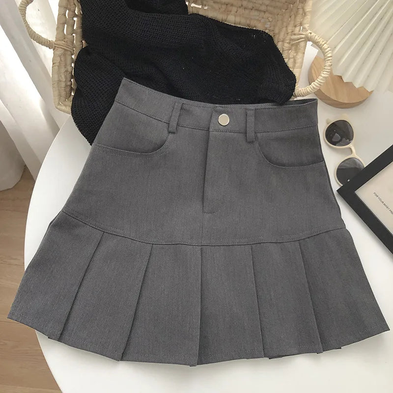 Vintage High Waist Pleated Skirt Women College Style with Safety Pants