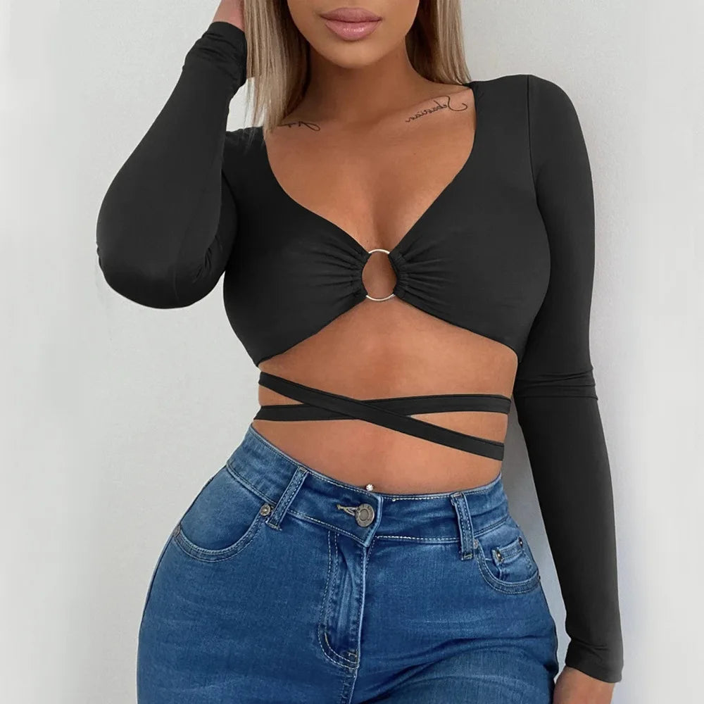 Women Long Sleeve Metal Ring Bandage Tee Tops