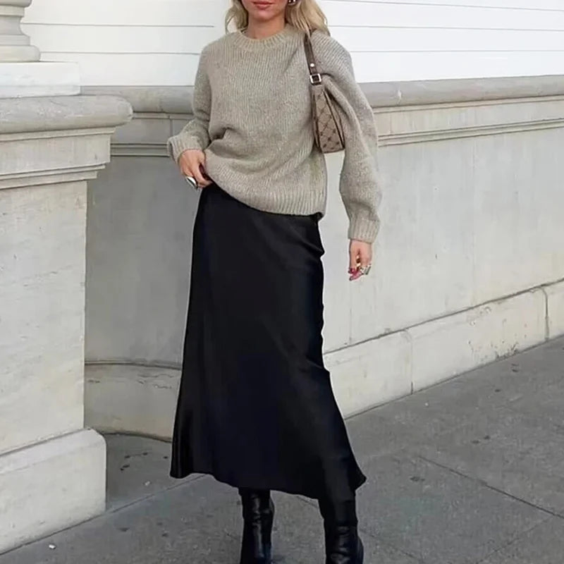 TRAF Satin Midi Women Skirt Mid Waist Folds Lady Skirt