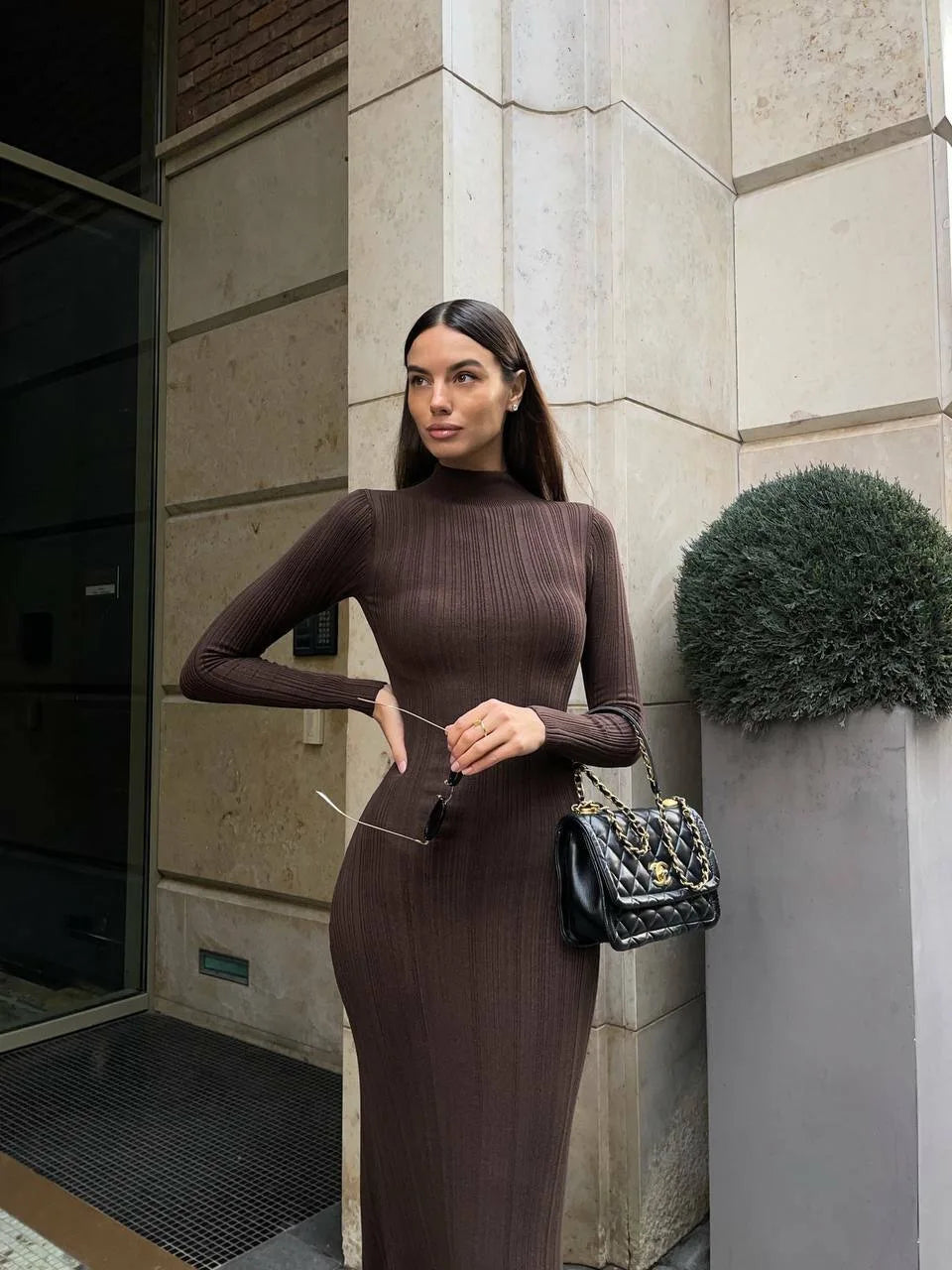 Women Elegant Long Sleeve Knitted Maxi Dress