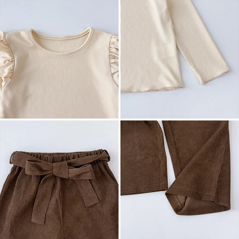 Autumn Winter Long Sleeved Round Neck Top+brown Long Pants