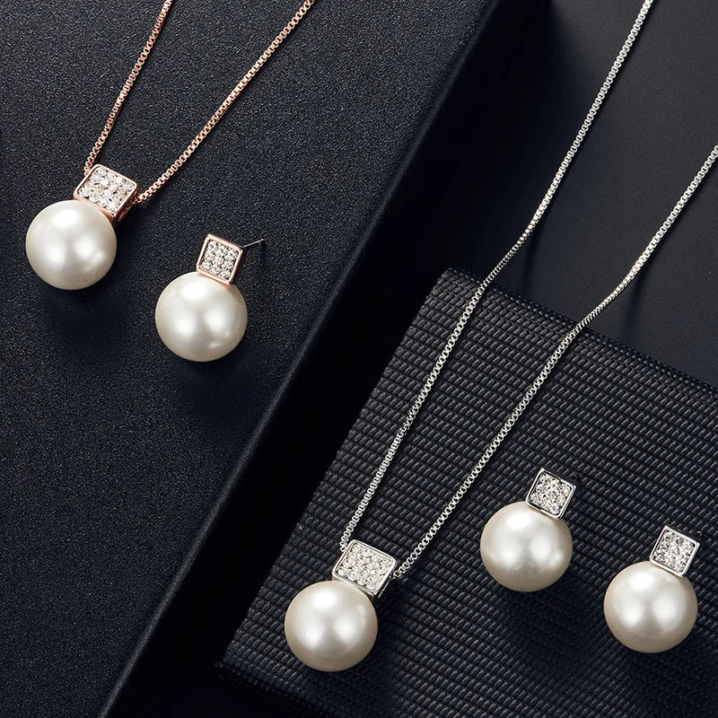 2 PCS Imitation Pearl Pendant Women Necklace Earring Stud Set
