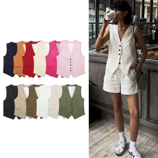 Women Fashion Plain Linen Tops Vest