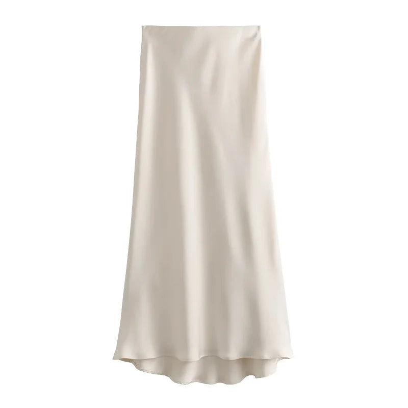 TRAF Satin Midi Women Skirt Mid Waist Folds Lady Skirt
