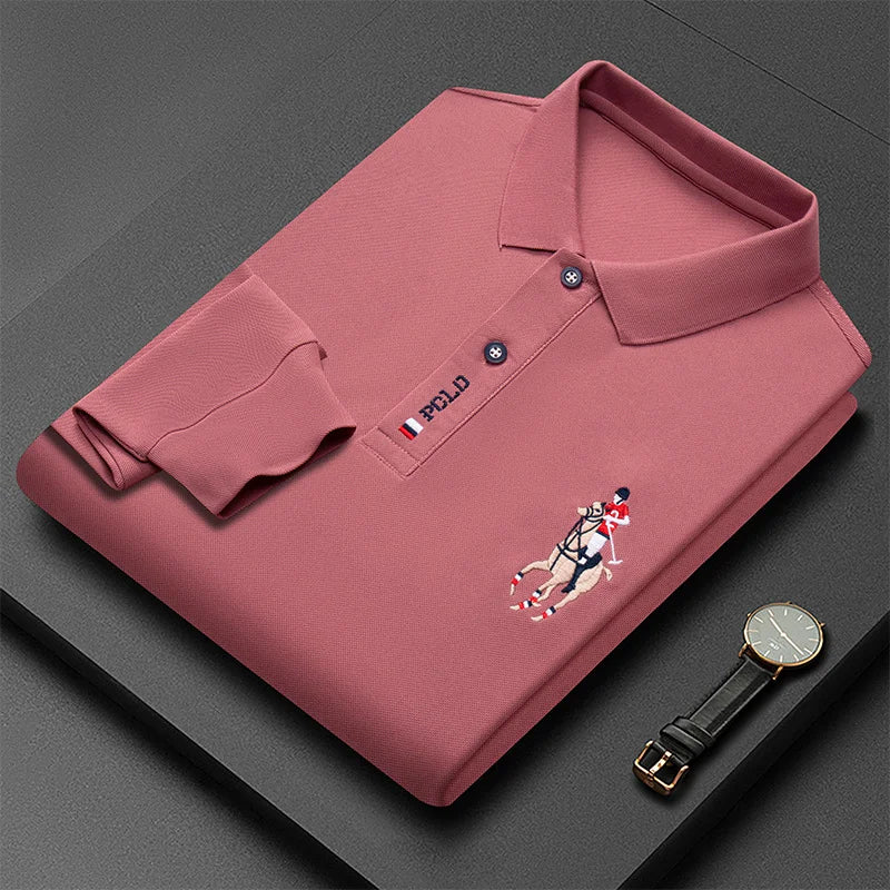 Besticktes Langarm-Poloshirt für Herren in Volltonfarbe