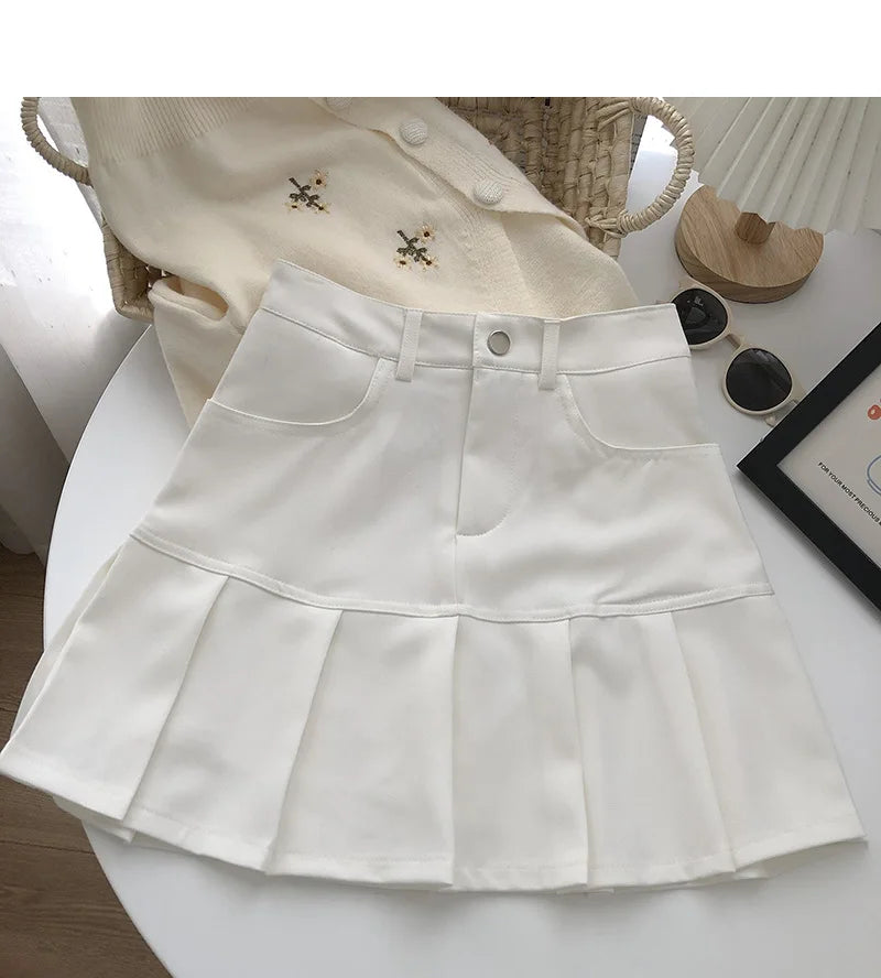 Vintage High Waist Pleated Skirt Women College Style with Safety Pants