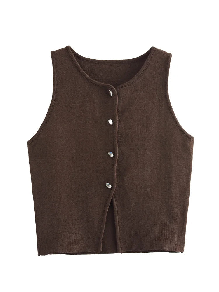 Women Fashion Sleeveless Buttons Hem Split Tops