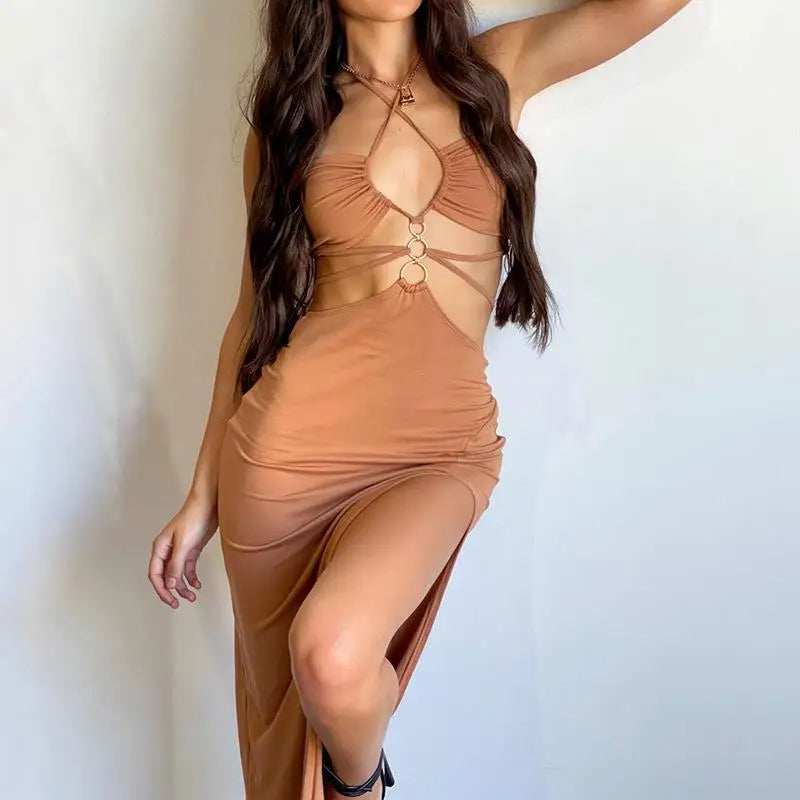 summer Sexy Hollow Lace Up High Slit Long Dress