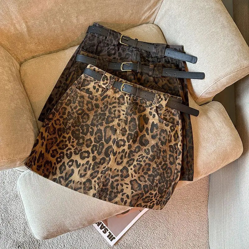 Leopard Print A-word Short Skirt New Anti-light High Waist Hip Wrap Mini Skirt