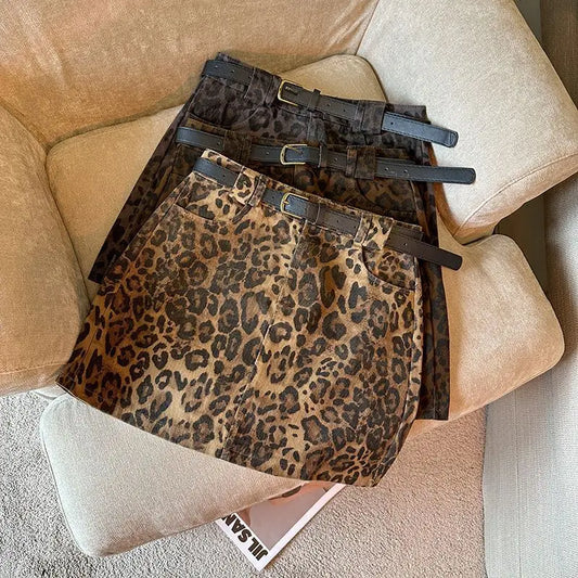 Leopard Print A-word Short Skirt New Anti-light High Waist Hip Wrap Mini Skirt