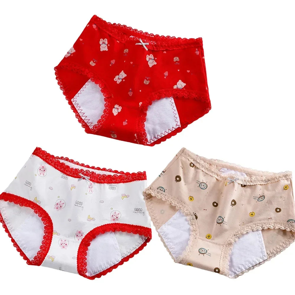 Girls Mid Waist Bear Cotton Period Briefs Soft Underwear