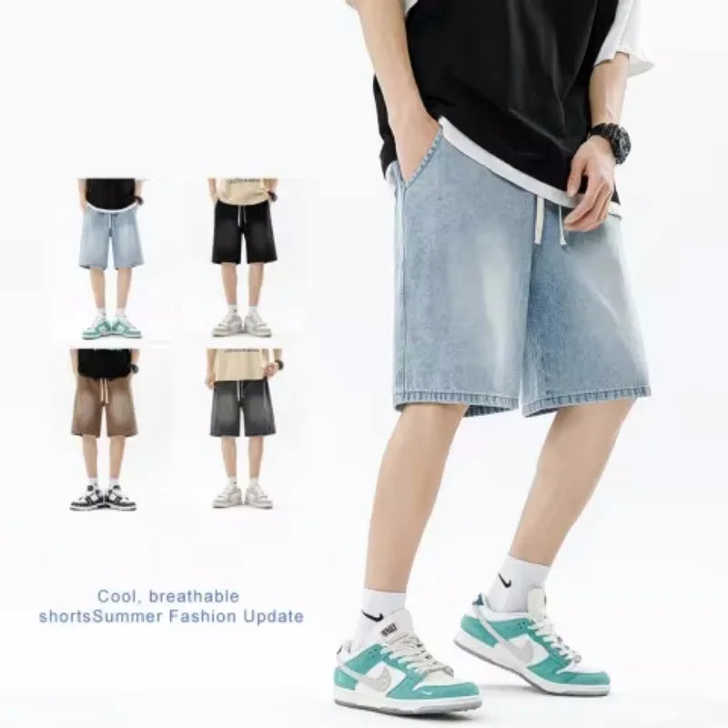Thin Retro Casual Denim Shorts Soft Comfortable Stretchy Loose Drawstring