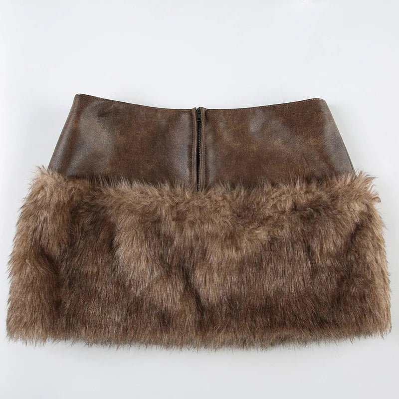 Patchwork Faux Fur Women’s Skirts Chic Sexy Mini Leather Skirt