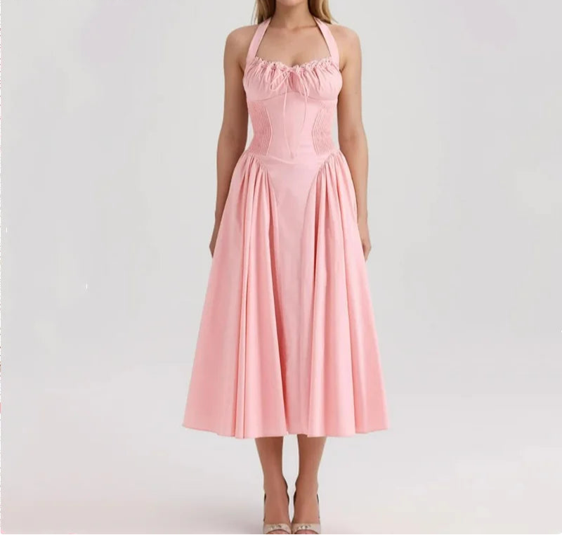 Sexy Pink Corset Style Bow Halter Dress