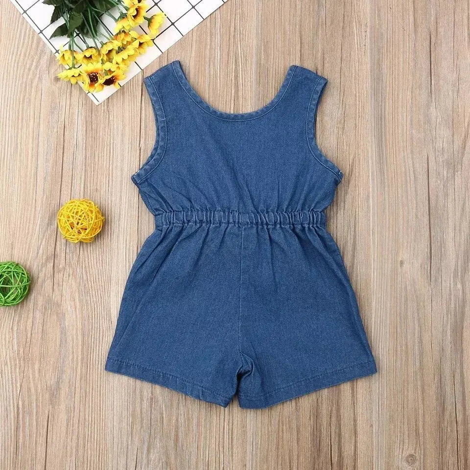 Girls' Casual Denim Sleeveless Bow Jumpsuit