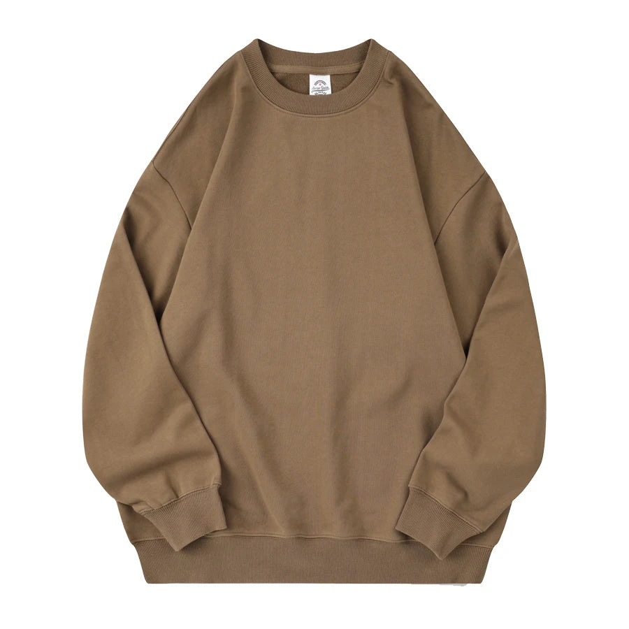 350g 100% Men Cotton Crew Neck Sweatshirts Solid Beige