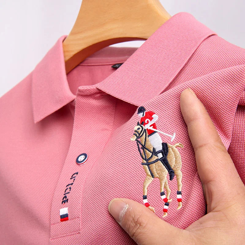 Besticktes Langarm-Poloshirt für Herren in Volltonfarbe